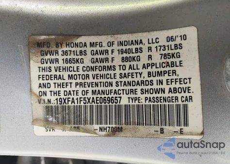 2010 Honda Civic Lx из США, поврежденный, VIN 19XFA1F5XAE069657